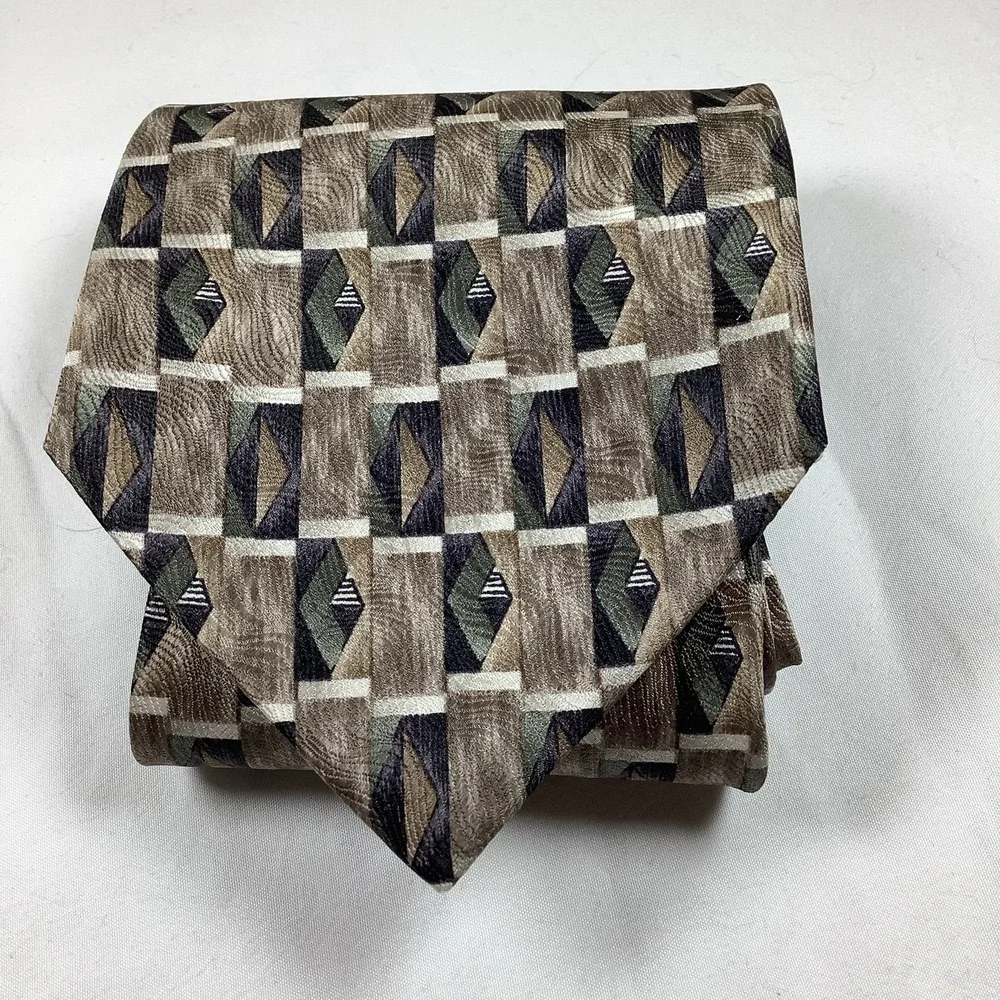 Stafford Signature Silk‎ Tie Brown Green Gray Geometric Mens Necktie